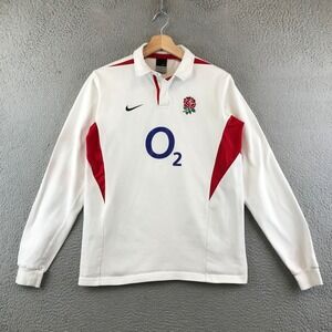 Youth Nike England Rugby Long Sleeve Polo Shirt XL White Red O2 Rose Logo